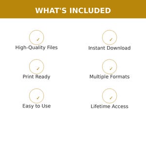Puede incluir: Un gr&aacute;fico de informaci&oacute;n digital con el t&iacute;tulo WHAT'S INCLUDED en texto blanco sobre una barra dorada. Seis iconos circulares con marcas de verificaci&oacute;n est&aacute;n dispuestos en dos columnas, etiquetados como High-Quality Files, Instant Download, Print Ready, Multiple Formats, Easy to Use y Lifetime Access.