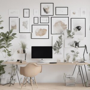May include: A home office workspace featuring a long wooden desk with a computer monitor, a beige molded chair, and a black desk lamp. The wall above is decorated with a gallery wall of various framed abstract art prints and several potted plants.