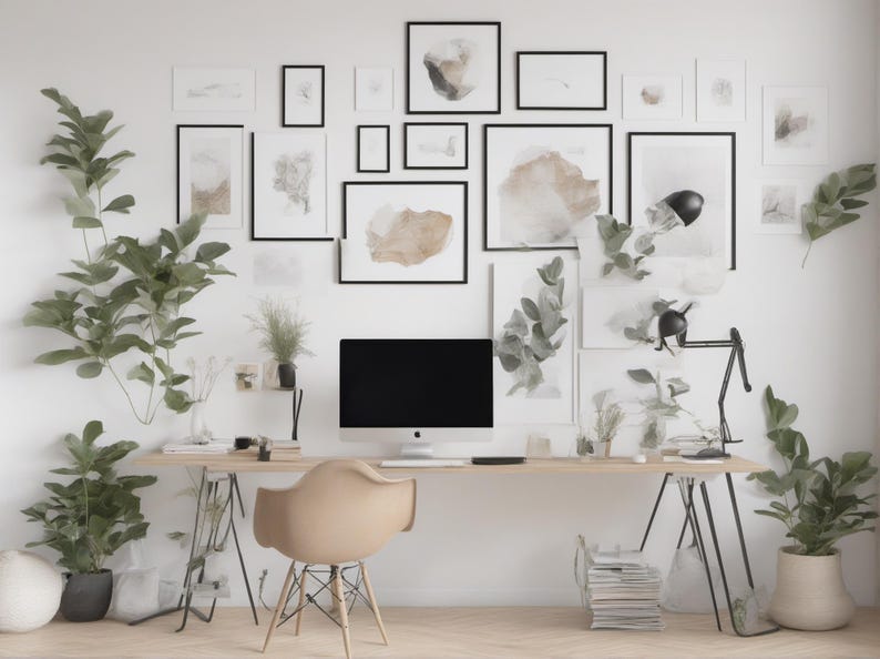 May include: A home office workspace featuring a long wooden desk with a computer monitor, a beige molded chair, and a black desk lamp. The wall above is decorated with a gallery wall of various framed abstract art prints and several potted plants.
