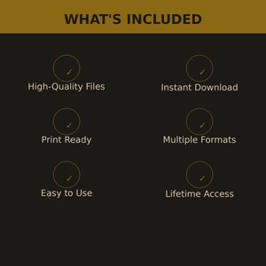 May include: A dark graphic with the gold text WHAT'S INCLUDED at the top. Below are six gold circles with checkmarks, each paired with text: High-Quality Files, Instant Download, Print Ready, Multiple Formats, Easy to Use, and Lifetime Access.