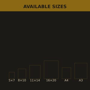 May include: A dark background graphic with the text AVAILABLE SIZES at the top. Below are six rectangular outlines representing different print dimensions labelled 5x7, 8x10, 11x14, 16x20, A4, and A3, indicating the available size options for a print.