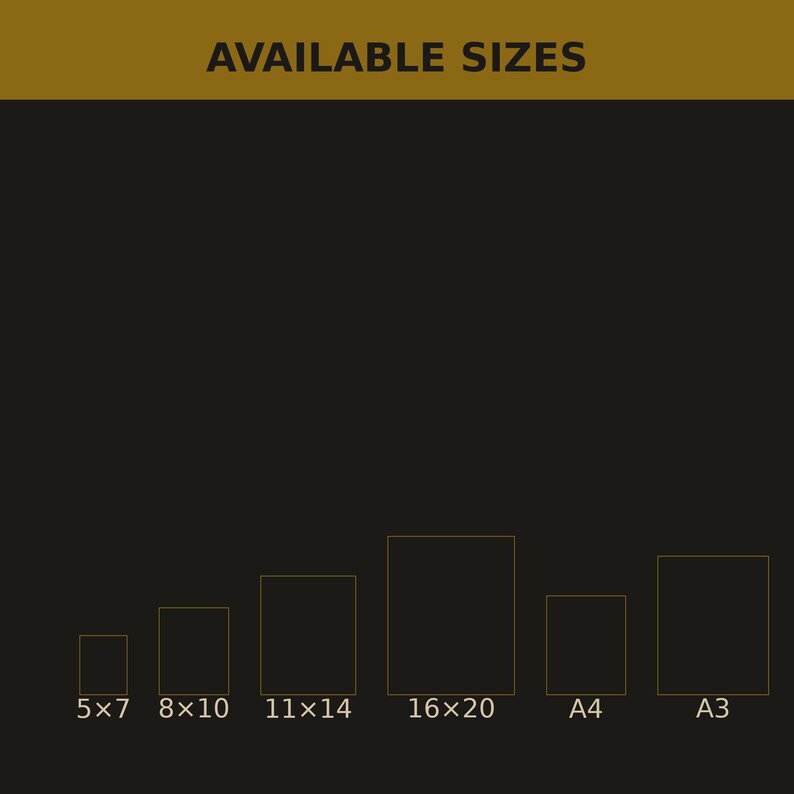 May include: A dark background graphic with the text AVAILABLE SIZES at the top. Below are six rectangular outlines representing different print dimensions labelled 5x7, 8x10, 11x14, 16x20, A4, and A3, indicating the available size options for a print.