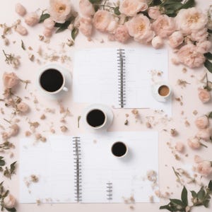 Puede incluir: Dos agendas de espiral abiertas con p&aacute;ginas blancas est&aacute;n rodeadas de rosas de color rosa p&aacute;lido y hojas verdes. Tres tazas de cer&aacute;mica blanca llenas de caf&eacute; negro y una taza m&aacute;s peque&ntilde;a con caf&eacute; marr&oacute;n claro se sit&uacute;an entre las agendas.