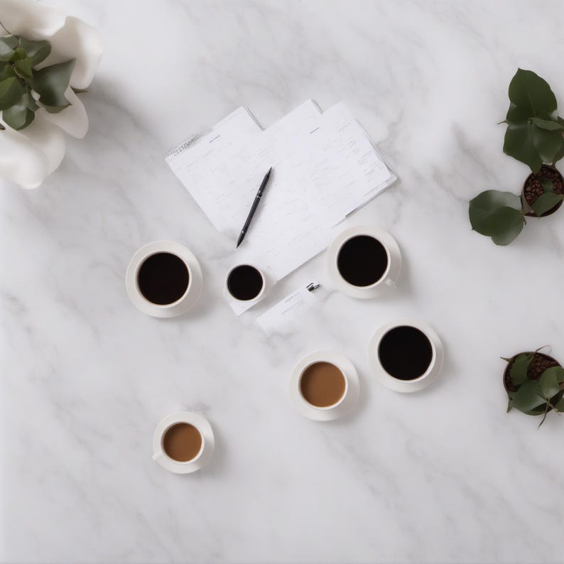 May include: A collection of five white ceramic cups filled with black and light brown coffee, arranged around a stack of white papers and a black pen. The cups vary in size, with some containing dark liquid and others a lighter coffee blend.