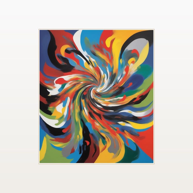 May include: A rectangular wall art print featuring a vibrant, multi-colored abstract design. The composition displays a central swirling vortex pattern with fluid, sweeping strokes of red, yellow, blue, green, black, white, and gray paint.