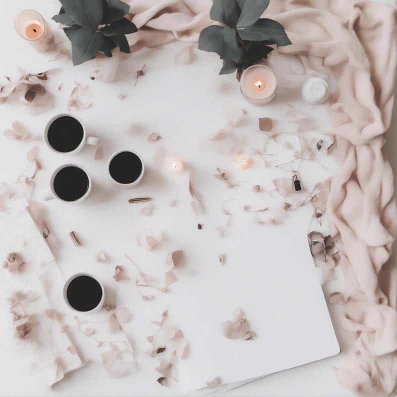 Puede incluir: Una composici&oacute;n plana que presenta cuatro tazas de cer&aacute;mica blanca llenas de caf&eacute; negro, dos velas encendidas en vaso, ramas de eucalipto verde y p&eacute;talos de flores de color rosa claro esparcidos sobre una tela suave de color rosa p&aacute;lido.
