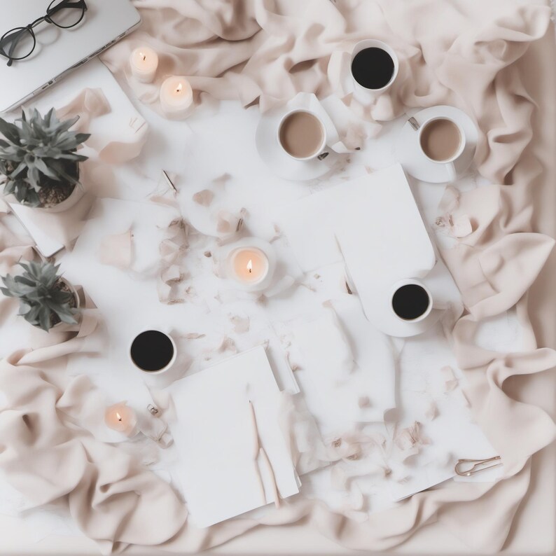 May include: A flat lay composition featuring a white surface surrounded by beige fabric, including four coffee cups, three lit candles, two small potted succulents, a pair of black-rimmed glasses, and several blank white paper sheets.