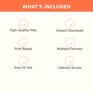 K&ouml;nnte beinhalten: Eine Informationsgrafik mit der &Uuml;berschrift WHAT'S INCLUDED in wei&szlig;em Text auf orangefarbenem Hintergrund. Darunter befinden sich sechs Kreise mit H&auml;kchen, beschriftet mit: High-Quality Files, Instant Download, Print Ready, Multiple Formats, Easy to Use und Lifetime Access.