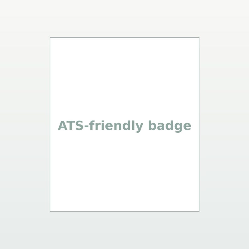 May include: A square white badge featuring the text ATS-friendly badge in a simple grey sans-serif font centered in the middle of the frame. The design is clean and minimalist with a solid white background and grey lettering for clear readability.