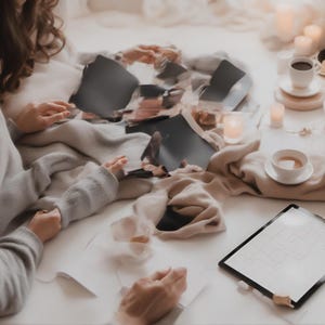Puede incluir: Un suéter gris y tela beige sobre una superficie con fragmentos de papel oscuro esparcidos, dos tazas de cerámica blanca con platillos, velas encendidas y un portapapeles negro con una hoja de papel blanca con un patrón de cuadrícula.