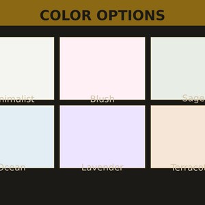 May include: A colour chart featuring six rectangular swatches labelled Minimalist, Blush, Sage, Ocean, Lavender, and Terracotta. The grid displays a white, light pink, pale green, light blue, soft purple, and light orange colour palette.