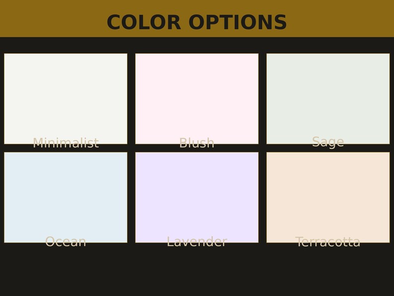 May include: A colour chart featuring six rectangular swatches labelled Minimalist, Blush, Sage, Ocean, Lavender, and Terracotta. The grid displays a white, light pink, pale green, light blue, soft purple, and light orange colour palette.
