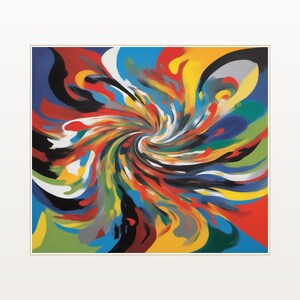 May include: A square wall art print featuring a vibrant, abstract swirl of colors including red, blue, yellow, green, black, and white. The composition radiates from a central point, creating a dynamic, fluid motion effect with bold, sweeping brushstrokes.