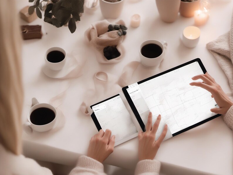 K&ouml;nnte beinhalten: Ein gro&szlig;es Tablet und ein kleineres Tablet mit einer Raster-Kalenderansicht auf einer wei&szlig;en Oberfl&auml;che, begleitet von drei wei&szlig;en Keramiktassen mit schwarzem Kaffee, kleinen Schalen mit dunklen Beeren und mehreren brennenden Kerzen.