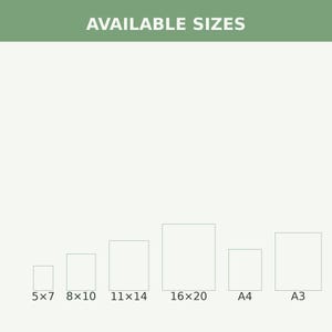 May include: A white chart titled AVAILABLE SIZES in a green header, displaying six rectangular outlines representing print dimensions: 5x7, 8x10, 11x14, 16x20 inches, plus A4 and A3 sizes, arranged in a row against a plain light background.