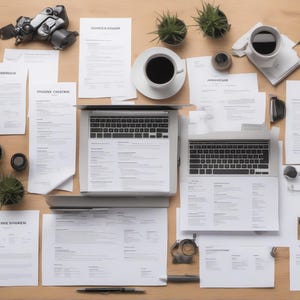 May include: A top-down view of a workspace featuring two silver laptops, multiple white documents with printed text, two white ceramic mugs filled with black coffee, a black camera, several small potted green plants, pens, and eyeglasses.