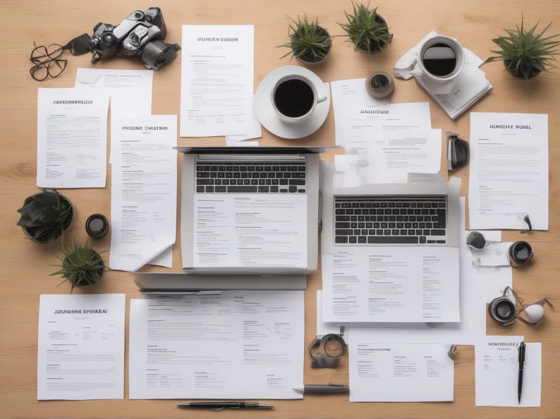 May include: A top-down view of a workspace featuring two silver laptops, multiple white documents with printed text, two white ceramic mugs filled with black coffee, a black camera, several small potted green plants, pens, and eyeglasses.