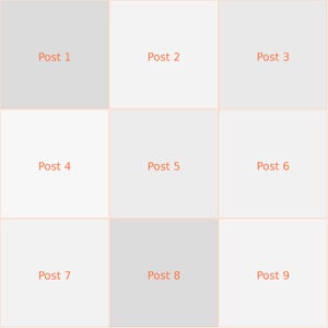 May include: A three-by-three grid layout featuring nine square sections labeled Post 1 through Post 9 in orange text. The background consists of alternating light gray and white squares, creating a structured template for social media content.