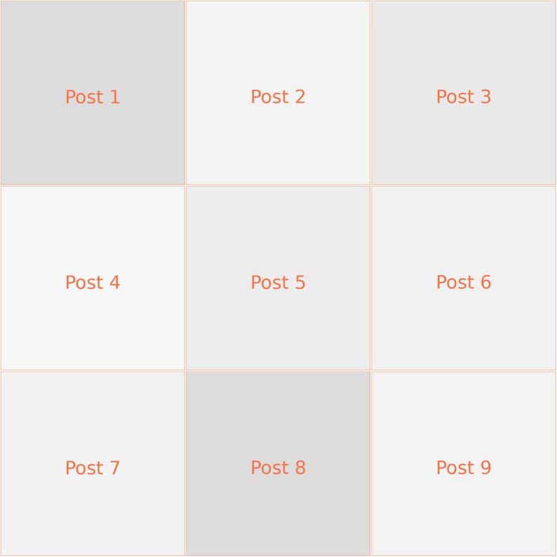 May include: A three-by-three grid layout featuring nine square sections labeled Post 1 through Post 9 in orange text. The background consists of alternating light gray and white squares, creating a structured template for social media content.