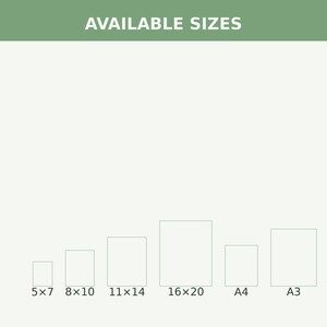 May include: A white chart titled AVAILABLE SIZES in a green header, displaying six rectangular outlines representing print dimensions: 5x7, 8x10, 11x14, 16x20 inches, plus A4 and A3 sizes, arranged in a row against a plain light background.