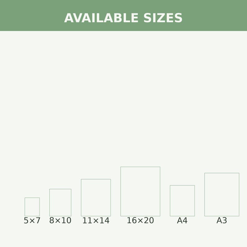 May include: A white chart titled AVAILABLE SIZES in a green header, displaying six rectangular outlines representing print dimensions: 5x7, 8x10, 11x14, 16x20 inches, plus A4 and A3 sizes, arranged in a row against a plain light background.