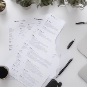 May include: A stack of white resume documents with black text, including the headings LUME and THE RESUME, arranged alongside a black coffee mug, three black pens, a computer mouse, and a laptop keyboard, surrounded by small potted green plants.