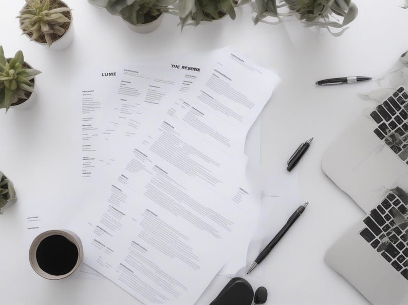 May include: A stack of white resume documents with black text, including the headings LUME and THE RESUME, arranged alongside a black coffee mug, three black pens, a computer mouse, and a laptop keyboard, surrounded by small potted green plants.