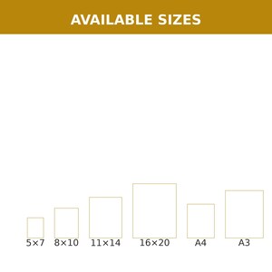 Puede incluir: Un gr&aacute;fico blanco con el texto de encabezado dorado AVAILABLE SIZES. Debajo, seis contornos rectangulares representan los tama&ntilde;os de impresi&oacute;n disponibles etiquetados 5x7, 8x10, 11x14, 16x20, A4 y A3, en orden creciente de tama&ntilde;o.
