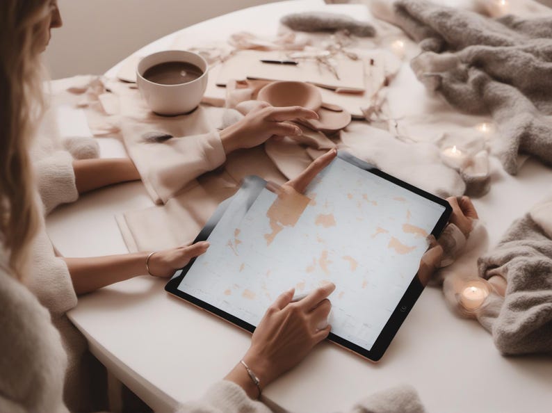 Puede incluir: Una tableta grande con marco negro que muestra una interfaz digital clara con formas abstractas en tonos melocot&oacute;n. El dispositivo es sostenido por manos que usan un l&aacute;piz &oacute;ptico blanco, sobre una superficie blanca junto a una taza y tela.