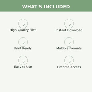 May include: An informational graphic with a sage green header reading WHAT'S INCLUDED. Below are six circular icons with checkmarks, labeled High-Quality Files, Instant Download, Print Ready, Multiple Formats, Easy to Use, and Lifetime Access.