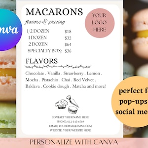 Editable Macaron Pricing List, Macaron Flavor List, Macaron Pricing Menu, DIY menu, Canva, Bakery Business, Printable, Farmers Market list