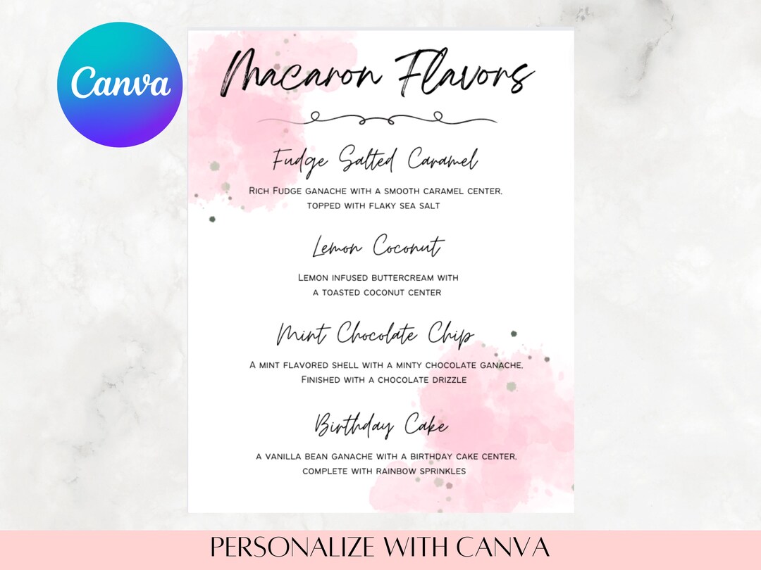 Pink Macaron Flavor Template, Macaron Flavor Guide, Flavor Card