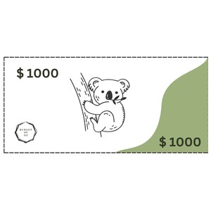 May include: A black and white illustration of a koala bear climbing a tree with a green background. The text "$1000" appears twice on the image.