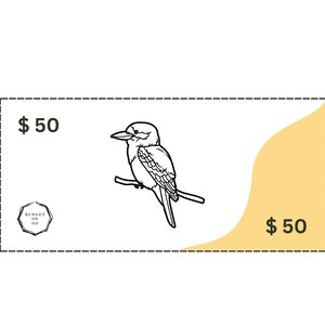 May include: A black and white illustration of a bird on a branch with the text "$50" on a white background with a yellow border.