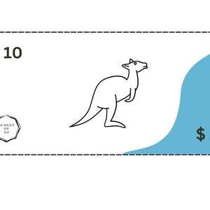 May include: A stylized $10 bill design featuring a kangaroo illustration. The bill has a white background with a blue wave on the right side. The text "$10" appears twice, and a small logo is in the lower left corner.