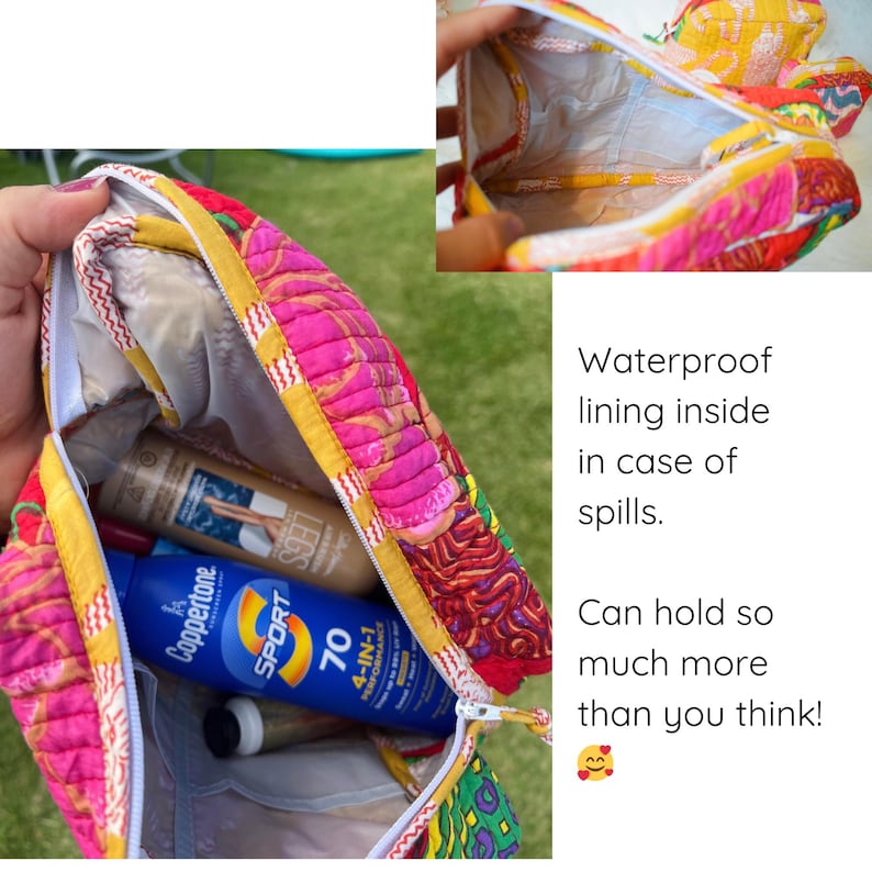 May include: A colorful, quilted cosmetic bag with a zipper, featuring a waterproof lining. The bag is filled with sunscreen and other items. The text on the image says, "Waterproof lining inside in case of spills. Can hold so much more than you think!"