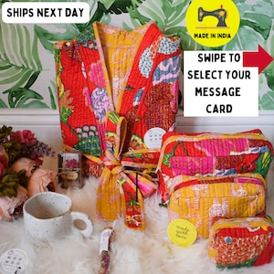 May include: A red and yellow quilted robe with a floral pattern. The robe is tied with a yellow sash. There are three matching quilted pouches with the text "made with love" on one of them. The text "SHIPS NEXT DAY" and "MADE IN INDIA" are visible in the image.
