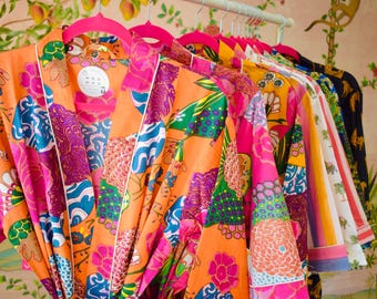 Cotton Kimono Robe Dressing Gown, Block Print Bridesmaid Robe, Summer Nightwear, One Size
