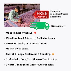 May include: A close-up of a man hand-printing a fabric with a block. The fabric has a floral pattern in shades of red, white, and blue. The text "FREE SHIPPING" is visible in the upper right corner of the image. The text "That means no hidden extra cost at check out!" is also visible in the upper right corner of the image. The text "Ships same day!" is visible in the lower right corner of the image.