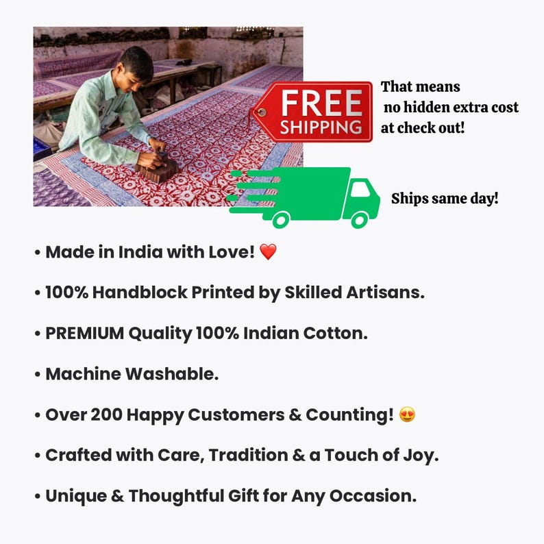 May include: A close-up of a man hand-printing a fabric with a block. The fabric has a floral pattern in shades of red, white, and blue. The text "FREE SHIPPING" is visible in the upper right corner of the image. The text "That means no hidden extra cost at check out!" is also visible in the upper right corner of the image. The text "Ships same day!" is visible in the lower right corner of the image.
