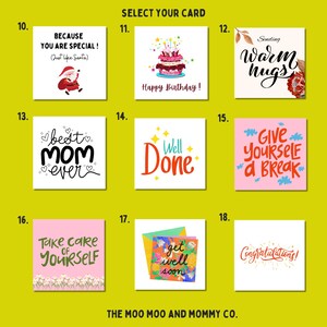 May include: A selection of greeting cards with various messages and designs. Cards include phrases like "Happy Birthday," "Best Mom Ever," and "Well Done." The cards feature colorful illustrations and text on a yellow background.