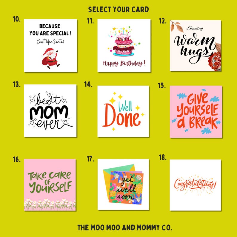 May include: A selection of greeting cards with various messages and designs. Cards include phrases like "Happy Birthday," "Best Mom Ever," and "Well Done." The cards feature colorful illustrations and text on a yellow background.