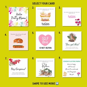 May include: A selection of greeting cards with various designs and messages. The cards feature floral arrangements, illustrations of a tiger, and phrases like "Hello Pretty Mama!" and "Self Love is Not Selfish."