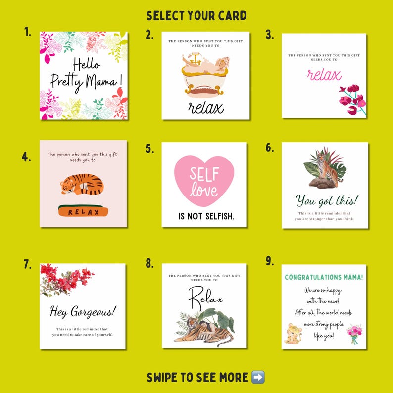 May include: A selection of greeting cards with various designs and messages. The cards feature floral arrangements, illustrations of a tiger, and phrases like "Hello Pretty Mama!" and "Self Love is Not Selfish."