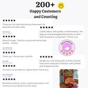 May include: A collage of customer reviews for a shop selling handmade bags. The reviews are positive and highlight the quality of the products, the craftsmanship, and the speed of shipping. The image also includes a photo of a set of bags in a variety of colors and patterns.