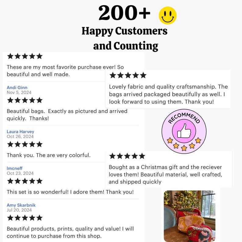 May include: A collage of customer reviews for a shop selling handmade bags. The reviews are positive and highlight the quality of the products, the craftsmanship, and the speed of shipping. The image also includes a photo of a set of bags in a variety of colors and patterns.
