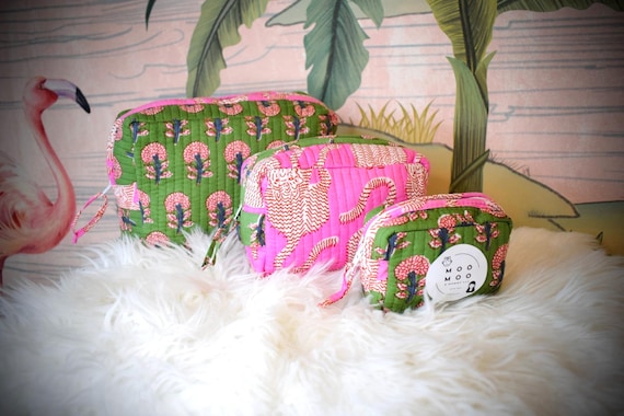 Set of 3 Toiletry Bags Quilted Pouches Indian Block Printed Bags Cotton Makeup Bag Gift for her Birthday Gift Ideas for Women Utility Pouch