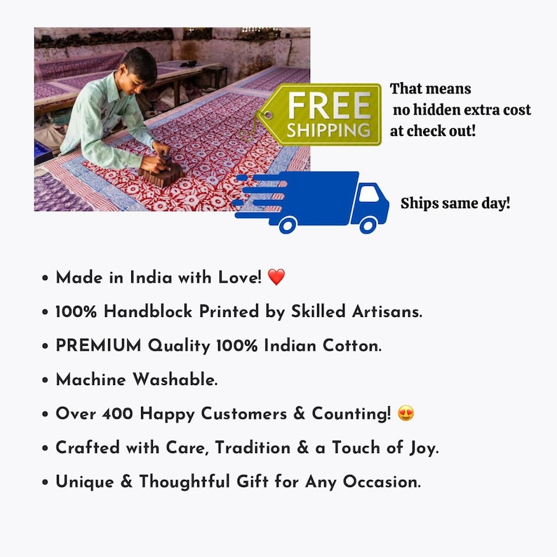 May include: A person hand-printing fabric with a wooden block. The fabric has a red and white floral pattern. The image includes text that says "FREE SHIPPING" and "Ships same day!"