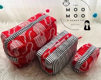 Toiletry Bags Quilted Pouch Cotton Travel Organiser Makeup Bag Gift for her Birthday Thank You Gift Utility pouches Set of 3 block printed