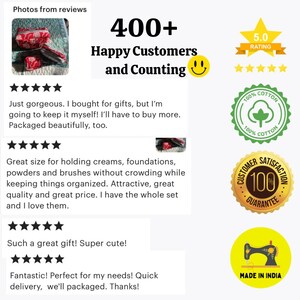May include: Image features customer reviews with a 5-star rating, a 100% cotton label, and a customer satisfaction guarantee. Text reads "400+ Happy Customers and Counting." Also includes a "Made in India" label.